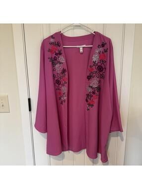 Isaac Mizrahi Live! Pink Embroidered Open Front Cardigan XL